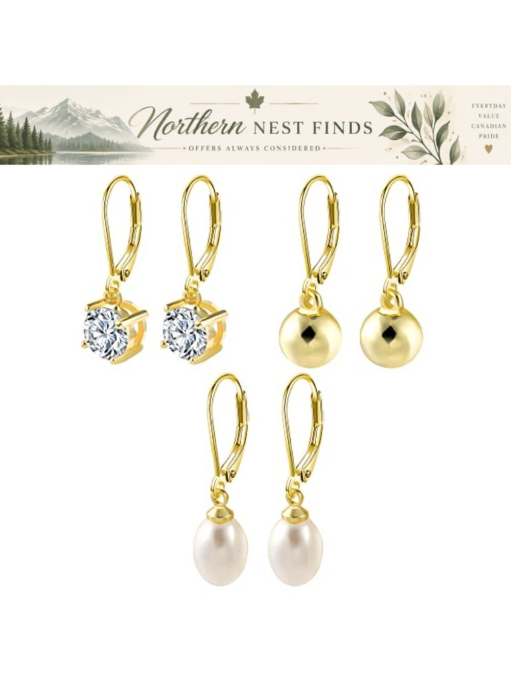 3 Pairs 14k Gold Plated Leverback Earrings Set for Women CZ Pearl Drop Dangle